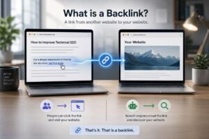Illustration showing a backlink connecting one website to another, allowing users to visit the linked page and search engines to discover it.