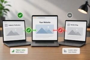 Illustration comparing backlinks from an industry publication and a random blog, showing how different sources can provide different levels of value and impact.