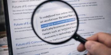 Magnifying glass examining webpage content to illustrate a contextual backlink and why link placement matters within relevant surrounding content.