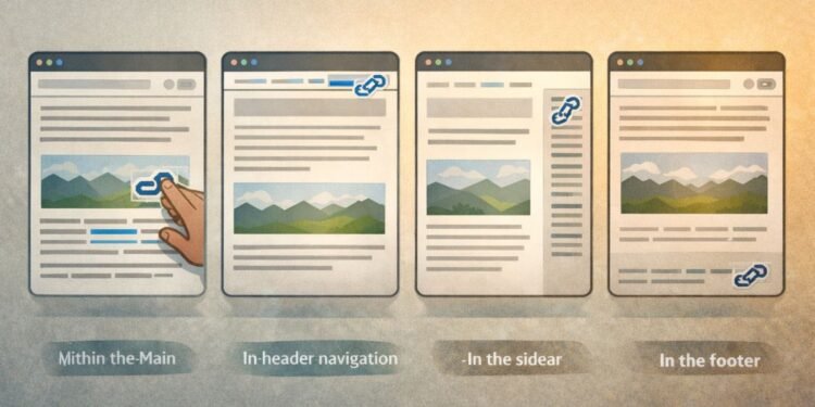 Different placements within a webpage illustrate how link position can affect rankings, comparing links in main content, navigation, sidebars, and footers.