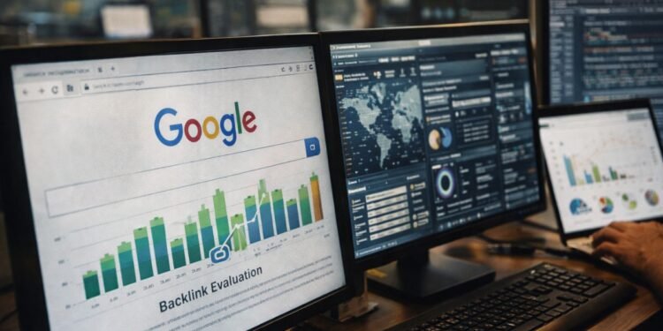 Google systems algorithmically evaluating backlinks through data analysis dashboards, performance metrics, and automated ranking signals