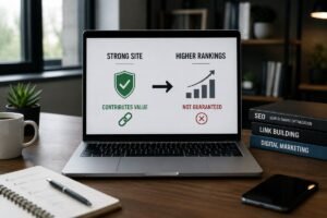 Illustration explaining that backlinks contribute to a website's authority and search visibility but do not guarantee higher rankings.