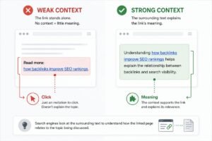 Comparison diagram showing the difference between a standalone link with little context and a contextual link supported by descriptive surrounding text.