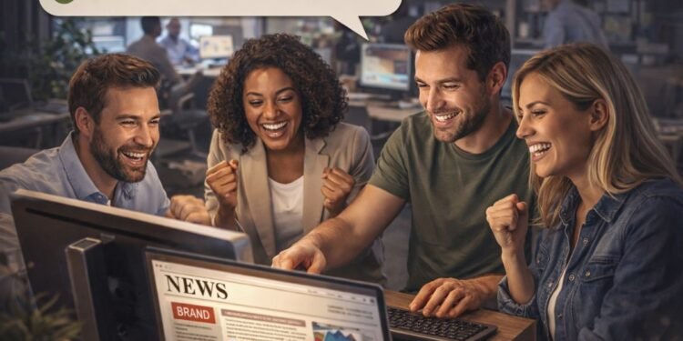 A PR team celebrates successful news coverage, showing how Media Mentions That Turn into Backlinks can connect brand visibility with valuable editorial links.