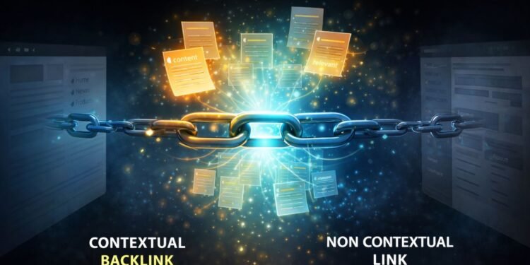 Illustration showing why contextual backlinks are stronger, with relevant content surrounding a connected backlink compared to a weaker non contextual link.