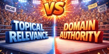 Illustration comparing topical relevance vs domain authority in an SEO showdown, with both ranking factors facing off in a boxing arena.