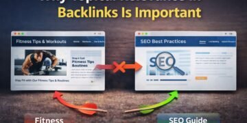 Illustration showing why topical relevance in backlinks is important by comparing an unrelated fitness website with a topically relevant SEO website linking to similar content.