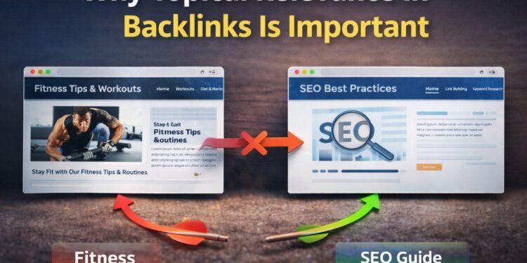 Illustration showing why topical relevance in backlinks is important by comparing an unrelated fitness website with a topically relevant SEO website linking to similar content.