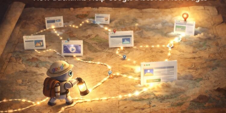 A Google crawler follows glowing pathways connecting websites across a map, showing how Backlinks Help Google Discover New Pages by leading search engines from known pages to new content.