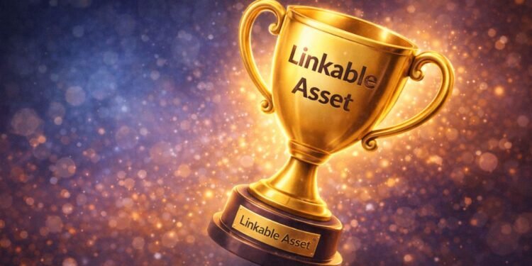 Successful Linkable Assets in SEO are symbolized by a golden trophy, representing high value content that naturally attracts backlinks and long term recognition.