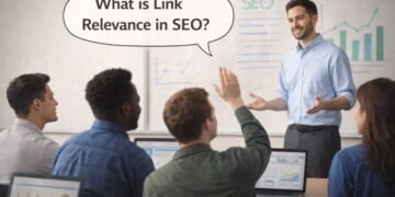 SEO instructor explaining what link relevance in SEO means during a classroom discussion with students learning how relevant links support search visibility