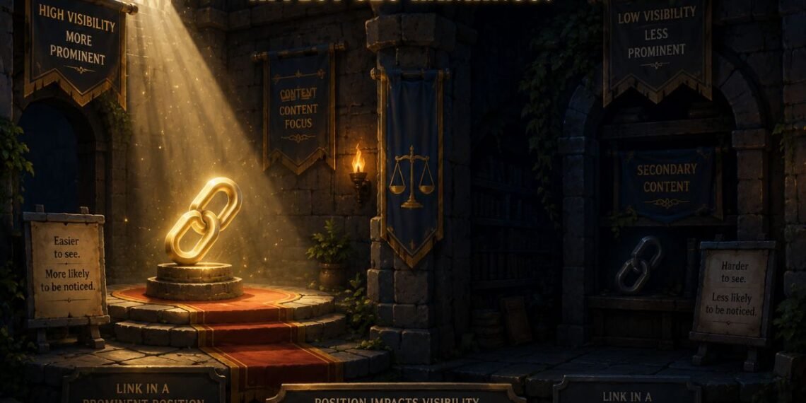 Fantasy 3D illustration showing how link position affects visibility, with one glowing link in a spotlight and another in a darker location.