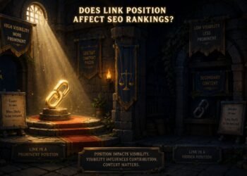 Fantasy 3D illustration showing how link position affects visibility, with one glowing link in a spotlight and another in a darker location.