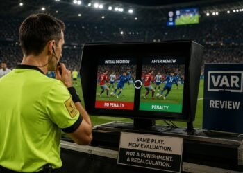 VAR referee reviewing the same football play to demonstrate how algorithmic penalties can be reversed after a new evaluation of existing signals.