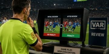 VAR referee reviewing the same football play to demonstrate how algorithmic penalties can be reversed after a new evaluation of existing signals.