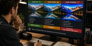 Editor comparing balanced editing with excessive optimization, showing how over optimization causes ranking drops by reducing quality, trust, and natural content signals.