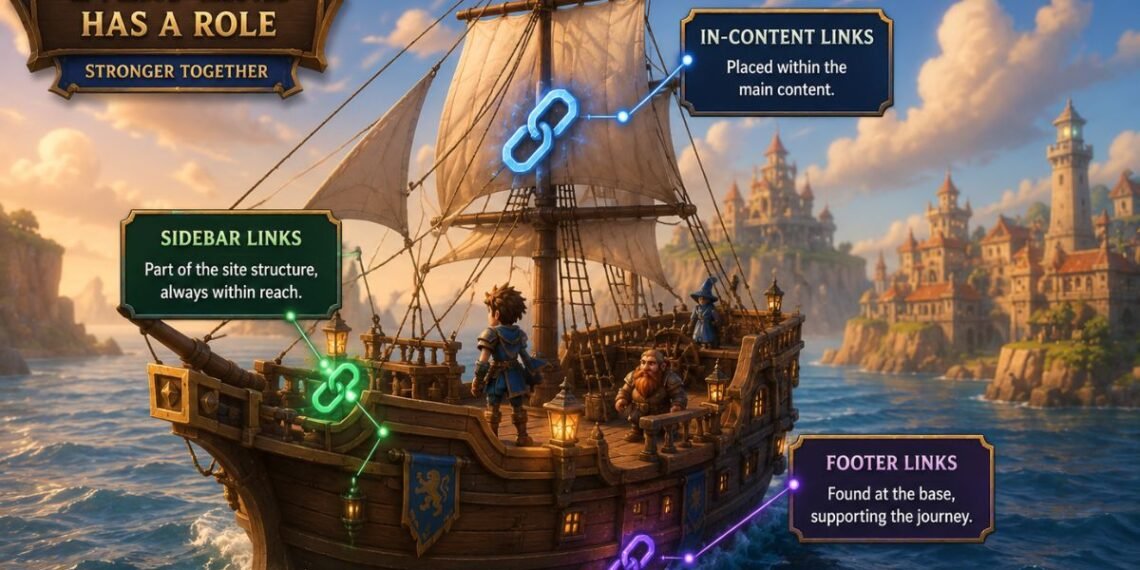 Fantasy RPG illustration showing how sidebar and footer links support a website structure, using glowing link icons placed on different parts of a ship.