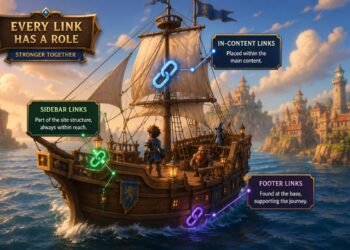 Fantasy RPG illustration showing how sidebar and footer links support a website structure, using glowing link icons placed on different parts of a ship.