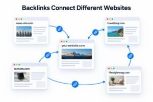 Backlinks connecting pages across different websites to form an interconnected web structure.