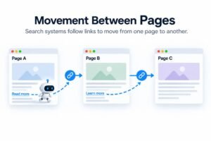 Search crawler following links from Page A to Page B and Page C, illustrating movement between connected web pages.