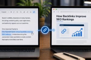 Illustration showing a contextual backlink placed naturally within article content, leading readers to a related page for additional information.