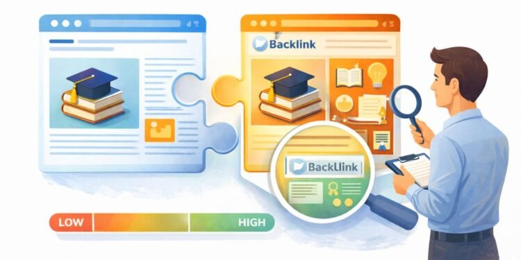SEO specialist evaluating the relevance of a backlink by comparing two connected web pages and analyzing how well their content matches.