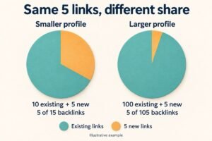 Five new backlinks make up a larger share of a small backlink profile than of a large one.