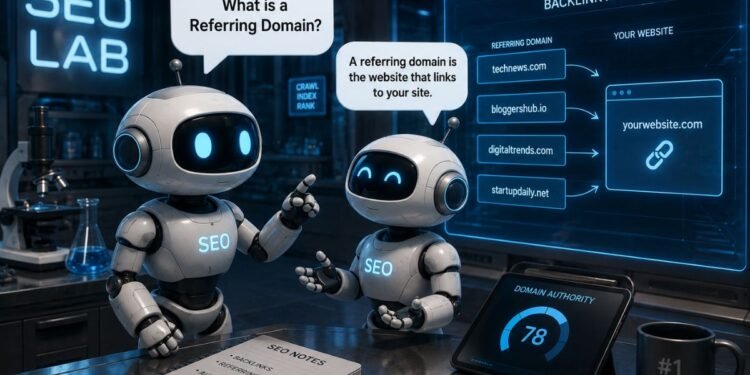 Two SEO robots examine a backlink analysis showing how multiple websites link to one site, explaining What Is a Referring Domain through a visual SEO example.