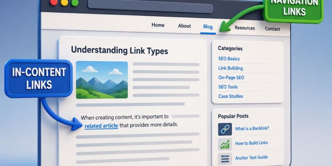 Stylized 3D illustration comparing in content links with navigation links by showing links inside an article and within a website menu.