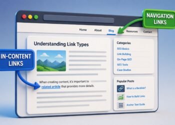 Stylized 3D illustration comparing in content links with navigation links by showing links inside an article and within a website menu.