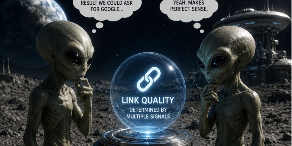 Sci-fi illustration showing how Google determines link quality, as two aliens study a glowing orb representing multiple ranking signals