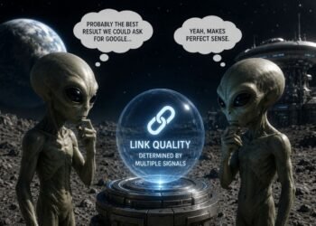 Sci-fi illustration showing how Google determines link quality, as two aliens study a glowing orb representing multiple ranking signals