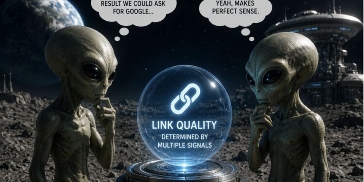 Sci-fi illustration showing how Google determines link quality, as two aliens study a glowing orb representing multiple ranking signals