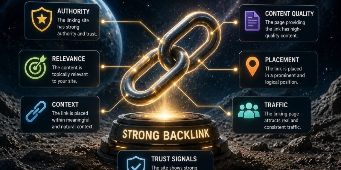 Illustration showing what signals indicate a strong backlink, with a glowing chain link surrounded by authority, relevance, context, content quality, placement, traffic, and trust signals