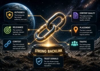 Illustration showing what signals indicate a strong backlink, with a glowing chain link surrounded by authority, relevance, context, content quality, placement, traffic, and trust signals
