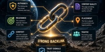 Illustration showing what signals indicate a strong backlink, with a glowing chain link surrounded by authority, relevance, context, content quality, placement, traffic, and trust signals