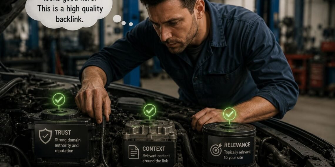 Mechanic inspecting key quality signals to identify high quality backlinks by evaluating trust, context, and topical relevance before confirming the link's strength