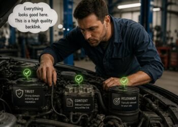 Mechanic inspecting key quality signals to identify high quality backlinks by evaluating trust, context, and topical relevance before confirming the link's strength