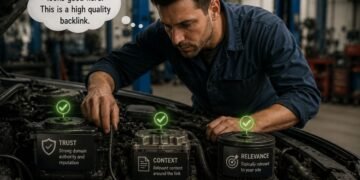 Mechanic inspecting key quality signals to identify high quality backlinks by evaluating trust, context, and topical relevance before confirming the link's strength