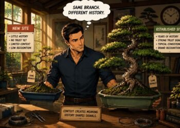 Comic illustration showing anchor text distribution for new vs established sites using two bonsai trees with different histories.
