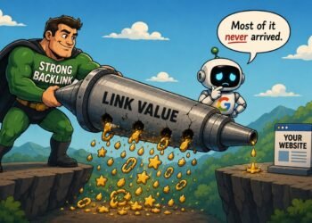 Illustration showing why strong backlinks may fail to pass much value, with a powerful backlink leaking link value before it reaches a website
