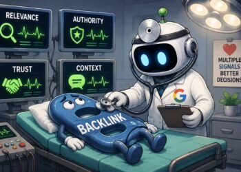 Google-inspired robot examining a backlink patient by analyzing relevance, authority, trust, and context to illustrate why search engines rely on multiple signals.