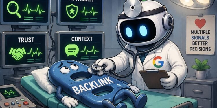 Google-inspired robot examining a backlink patient by analyzing relevance, authority, trust, and context to illustrate why search engines rely on multiple signals.