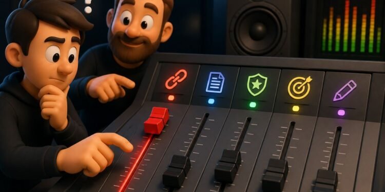 Illustration showing that link placement alone is not enough, using an audio mixing console where multiple controls work together to produce the final result.