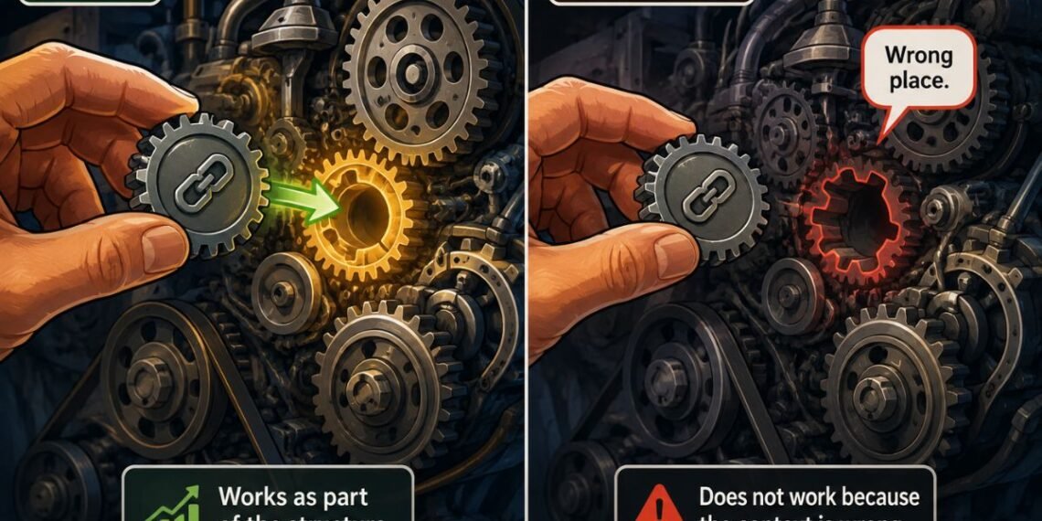 Digital illustration showing how structural context affects link placement, using a gear fitting correctly into a larger mechanism.