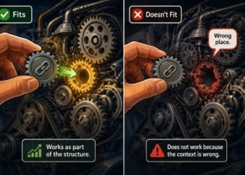 Digital illustration showing how structural context affects link placement, using a gear fitting correctly into a larger mechanism.