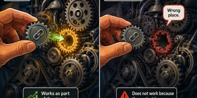 Digital illustration showing how structural context affects link placement, using a gear fitting correctly into a larger mechanism.