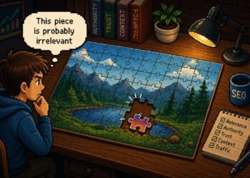 Person evaluating a puzzle piece to illustrate whether irrelevant links have any SEO benefits by considering relevance, authority, trust, context, and traffic signals