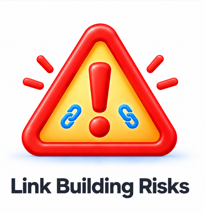 Red warning sign with chain link symbols representing the Link Building Risks category.