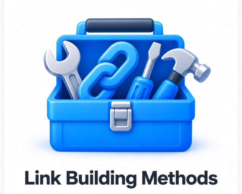Blue toolbox with link building tools representing the Link Building Methods category